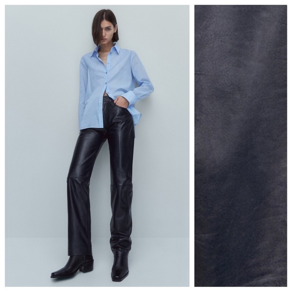 NWT. Massimo Dutti Navy Blue Nappa Leather Trousers. Size M.